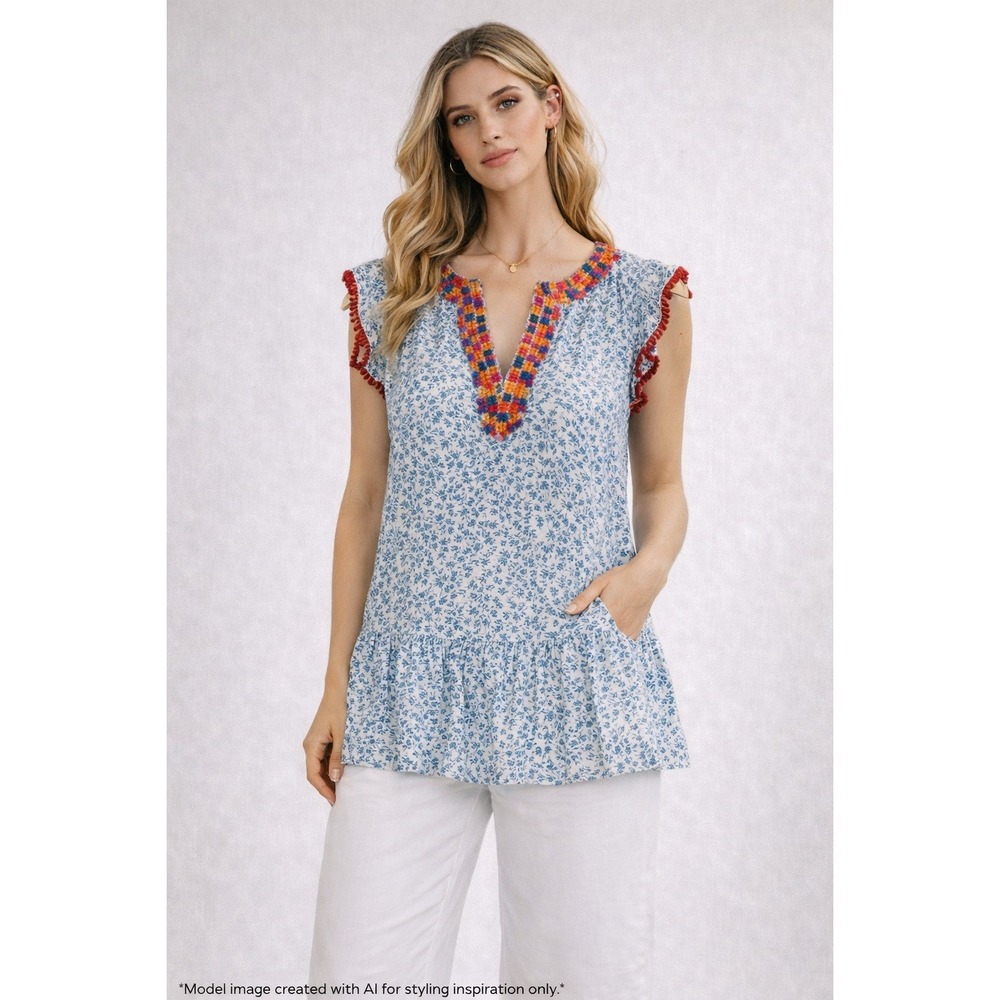 THML‎ Embroidered Boho Peasant Top Floral Blouse Tassel Trim Small